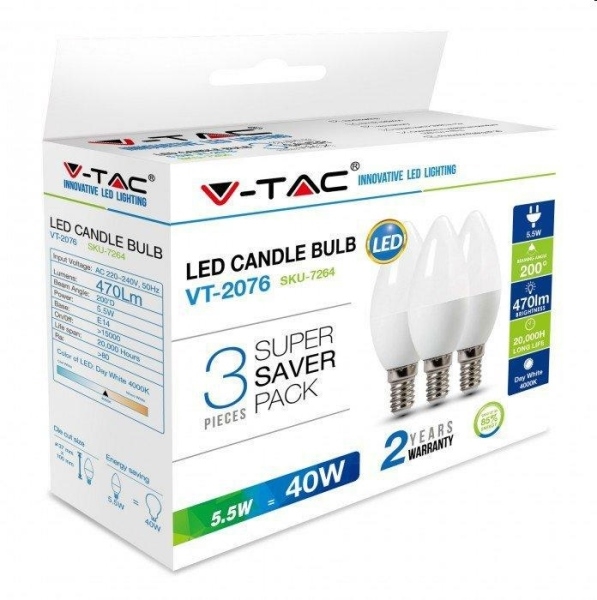 LAMPADINE LED BULB 5.5W E14 CANDLE 6400K PACK 3