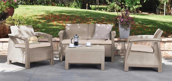 SALOTTO CORFU LOUNGE SET CAPPUCINO 4 PZ DIVANO 2 POLTRONE TAVOLO